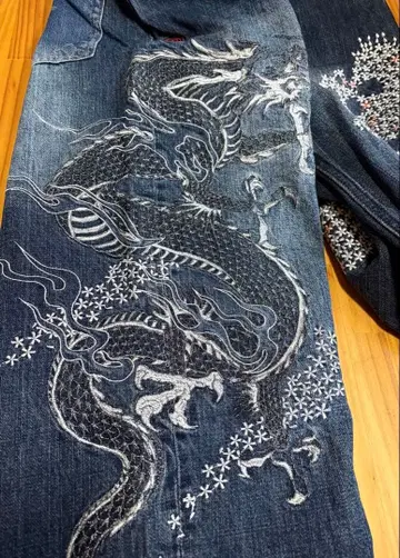 카라쿠리타마시 유기 일본풍 패턴 데님 36인치