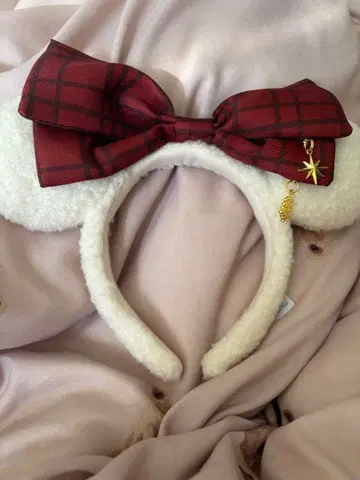 미니 귀 머리띠 빨간색 체크 리본