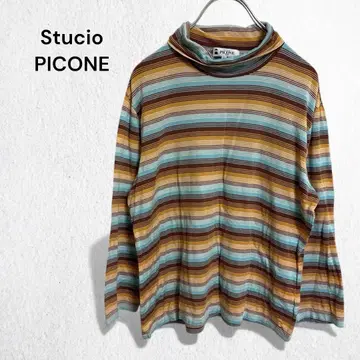 스튜디오 피코네 하이넥 티셔츠 멀티 보더 7부 소매 스트레치