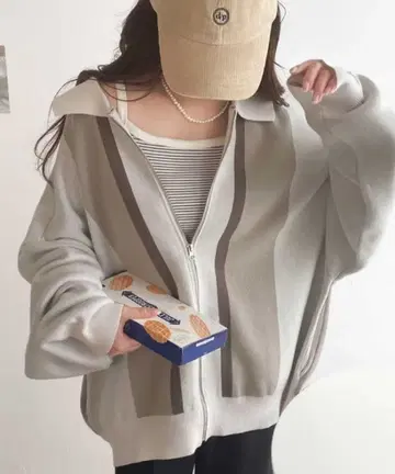 JaVa 콜라보 스트라이프 미들 지퍼 아우터 아이보리 XL