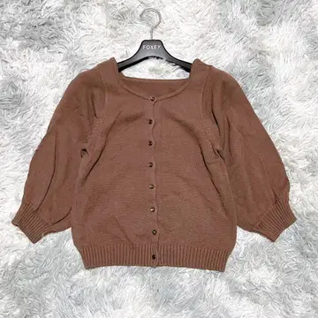 플라워 스퀘어넥 7부 소매 브라운 가디건