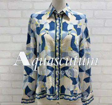 새상품급 Aquascutum 실크 100% 기하학 패턴 긴팔 셔츠 일본제