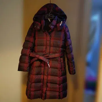 체크 무늬 후드 부착 롱 코트