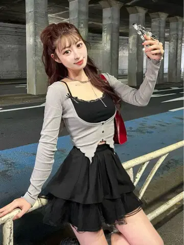 Darichi 다리치 리본 레이스 레이어드 리브 상의