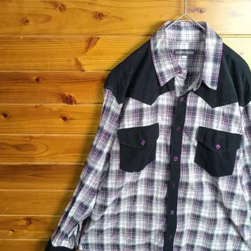 긴팔 셔츠 체크 무늬 코듀로이 캐주얼 웨스턴 스타일 절개 보라색 블랙 L