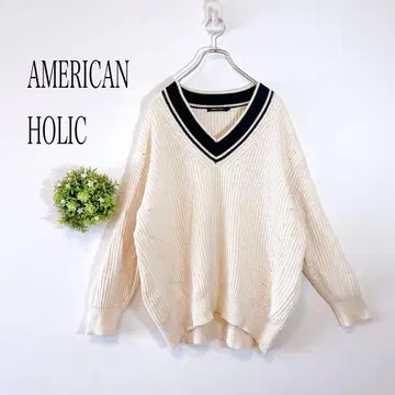 아메리칸 홀릭 [ L ] V넥 니트 오버 사이즈 화이트 블랙