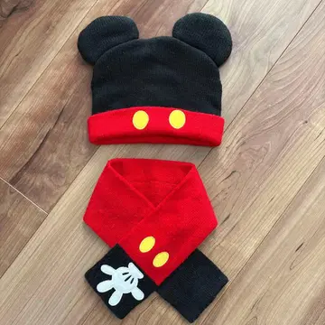 미키마우스 귀달린 니트 모자 머플러 세트 새상품급