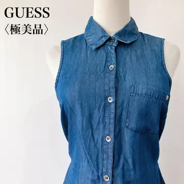 [컨디션 최상] 게스 허리 리본 슬리브리스 무릎 기장 데님 셔츠 원피스