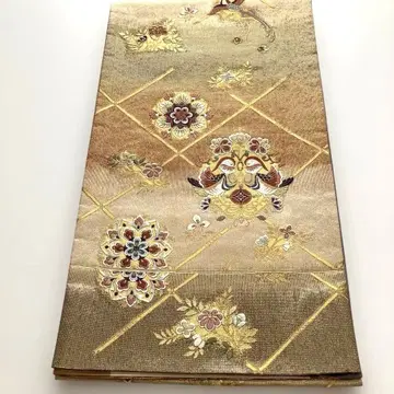 후쿠로 오비 골드 컬러 꽃무늬 새 무늬