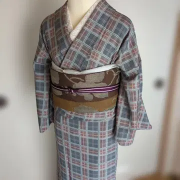 그레이 계열 체크 무늬 코몬 기모노