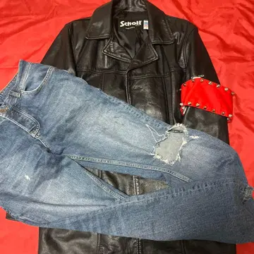 코우모토 히로토풍 가죽 자켓 데미지 진 블루 하츠