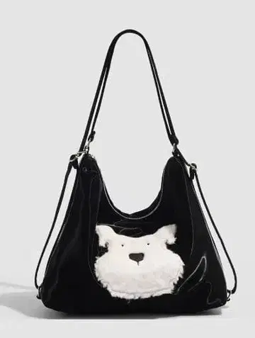 개 얼굴 자수 벨벳 숄더백