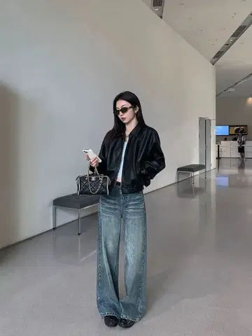 데님 블루 와이드 레그 청바지 하이웨스트