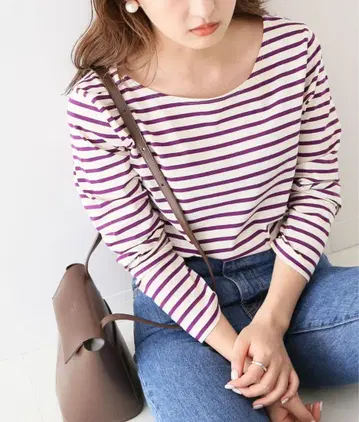 SLOBE IENA 스트라이프 긴팔T 보트넥 아이보리 x 퍼플