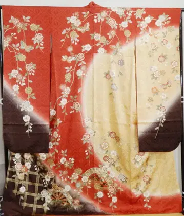 순수 실크 분할 염색 후리소데 기모노 시크한 빨간색 계열 꽃과 나비