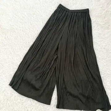 플리츠 플레어 롱 스커트풍 와이드 팬츠 허리밴딩 카키