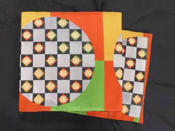 순수 실크 확실하고 즐거운 후쿠로 오비 동그라미에 사각 무늬 인상적