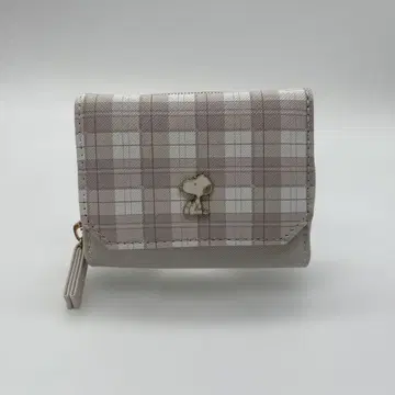 미사용 새상품 스누피 체크 무늬 3단 폴더형 지갑 베이지