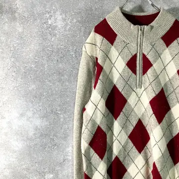 Kent 니트 스웨터 하프 지퍼 긴팔 그레이 아이보리 아가일 무늬