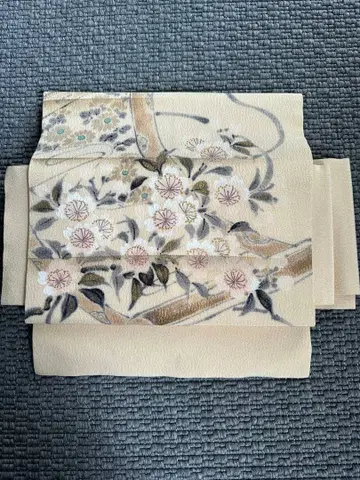 원터치 제작 오비 벨크로 테이프 타입 나고야 오비 꽃무늬 베이지