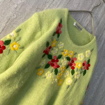 빈티지 니트 꽃 자수 쇼와 레트로 앤티크 울 민트 그린