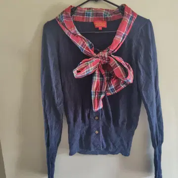 네이비 긴팔 가디건 체크 무늬 스카프 포함