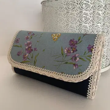 핸드메이드 장지갑 더블 지퍼 탁한 그린 꽃무늬