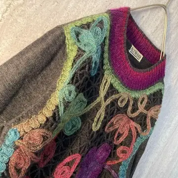 빈티지 니트 꽃무늬 모헤어 레이스 편직 레트로 컬러풀 차콜