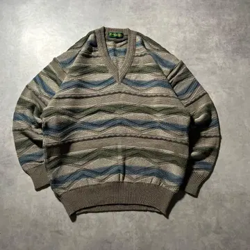 빈티지 케이블 V넥 레트로 베이지 보더 니트 스웨터