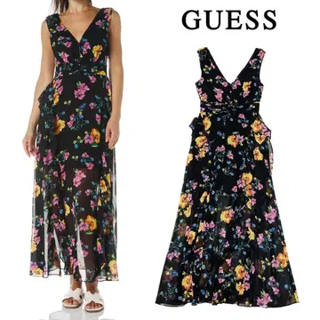 GUESS 게스 플라워 프린트 쉬폰 롱 원피스