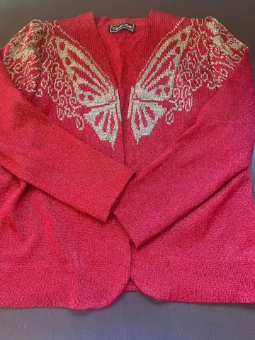 Toyoko Saito 나비 자수 빨간색 라메 가디건