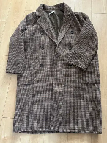 브라운 계열 체크 더블 브레스트 롱 코트 L 사이즈