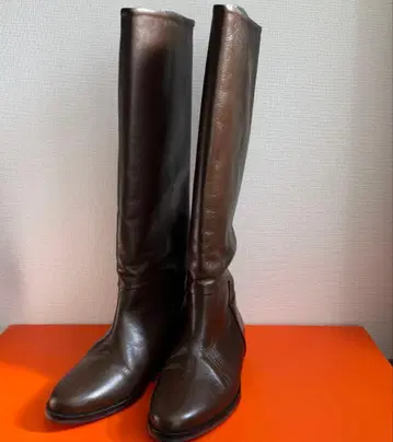 REMME 브라운 가죽 롱 부츠 플랫 힐