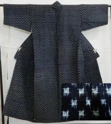 목화 쇼와 구루메가스리 기모노 안감은 남색 무지 넉넉한 기장 139cm