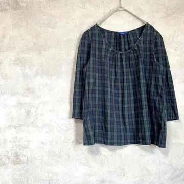 님 면 100% 티셔츠 7부 소매 체크 그린 블랙 네이비 넥 개더