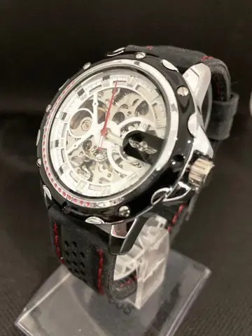 밀리터리 스타일 스켈레톤 심플 기능 고무 벨트 자동 와인딩 손목시계