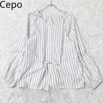 세포 블라우스 스트라이프 패턴 V넥 프론트 버튼 면 100% 화이트 M