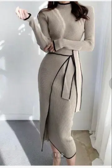 SEU 한국 패션 성숙/러블리 파이핑 니트 원피스 베이지 롱