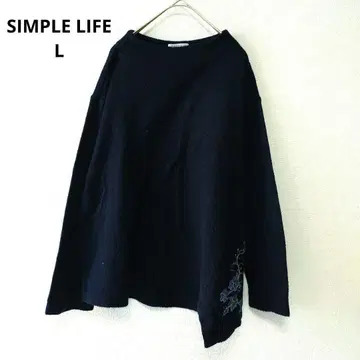 심플 라이프 꽃 자수 울 혼방 풀오버 니트 네이비 L 레나운