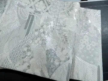 순수 실크 플라티나 금박 염색 금복숭아 산 센멘 문 후쿠로 오비