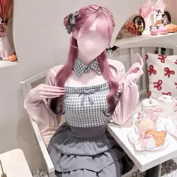 HONEY MEW 허니뮤우 리본 슬릿 깅엄 앙상블 상의