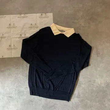 JOHN SHEDLEY 바이컬러 긴팔 클레릭 니트 폴로 네이비