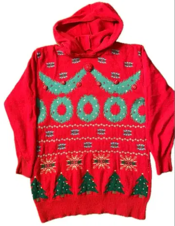 핑크하우스 스웨터 크리스마스 트리 크리스마스 리스 후드 부착 니트