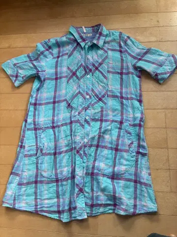 GAIJIN MADE 반팔 셔츠 원피스 스카이블루 보라색 체크