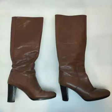 브라운 가죽 롱 부츠 힐 8cm