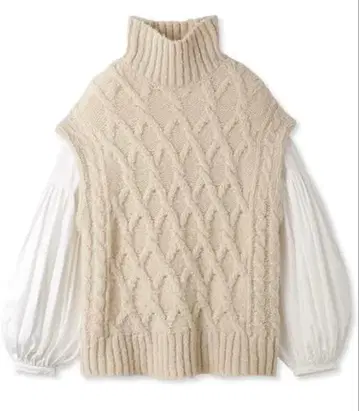 미라 오웬 니트 상의 퍼프 슬리브 케이블 베스트 레이어드 SET