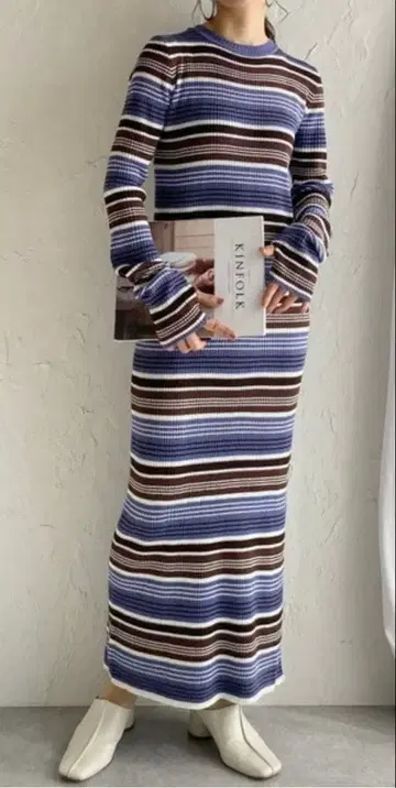 스트라이프 타이트 롱 니트 원피스
