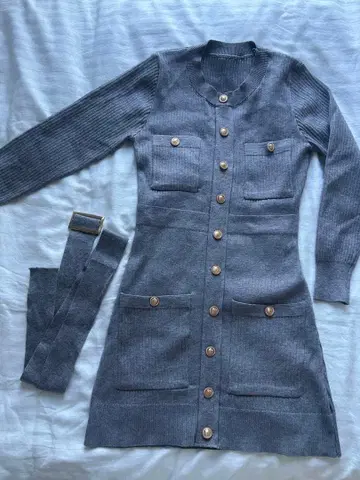 그레이 니트 원피스 긴팔 벨트 포함