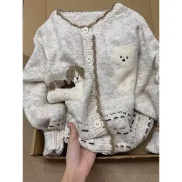 가디건 자켓이 달콤하고 귀여운 자카드 강아지 후드 부착 스웨터 여자