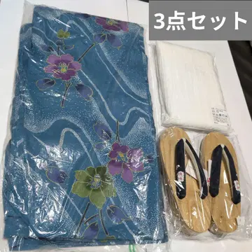 청록색 꽃 물 흐름 유카타 오비 일본 나막신 3종 세트